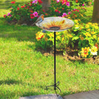Bird Baths for Outdoors, Glass Birdbath Birdfeeder Bowl with Metal Stake for outside Garden Yard Lawn Sunflower Butterfly Decor