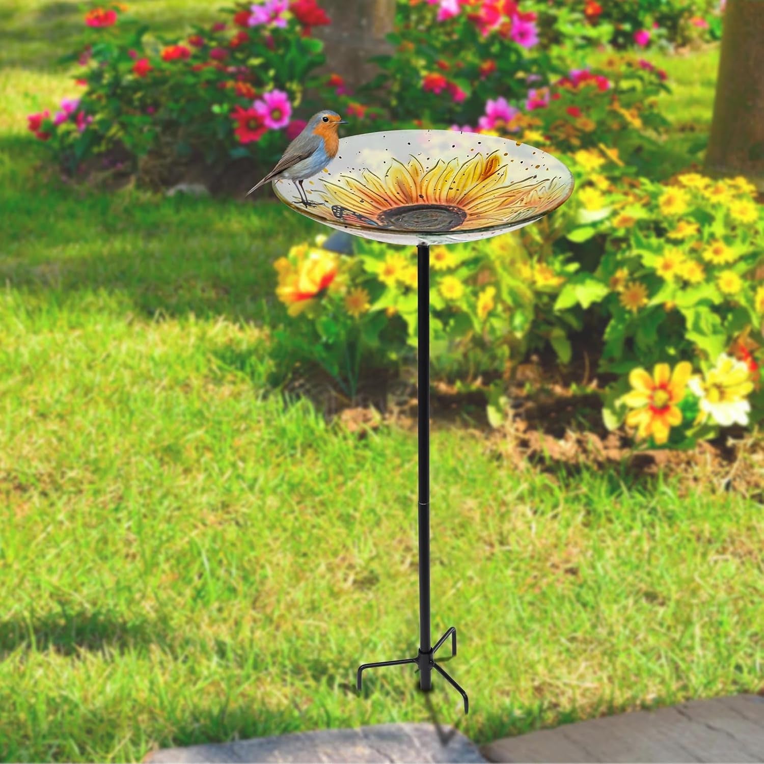 Bird Baths for Outdoors, Glass Birdbath Birdfeeder Bowl with Metal Stake for outside Garden Yard Lawn Sunflower Butterfly Decor