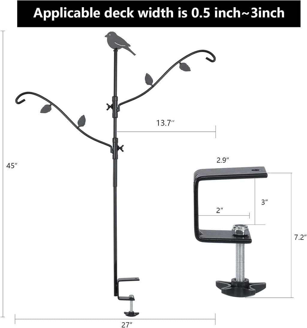 Deck Bird Feeder Pole, 42 Inches, Multiple Hooks, Adjustable, Detachable, Heavy Duty Steel, Stable, Black, Birdfeeders Porch for Deck Kit for outside Bird Feeders and Plant Hangers