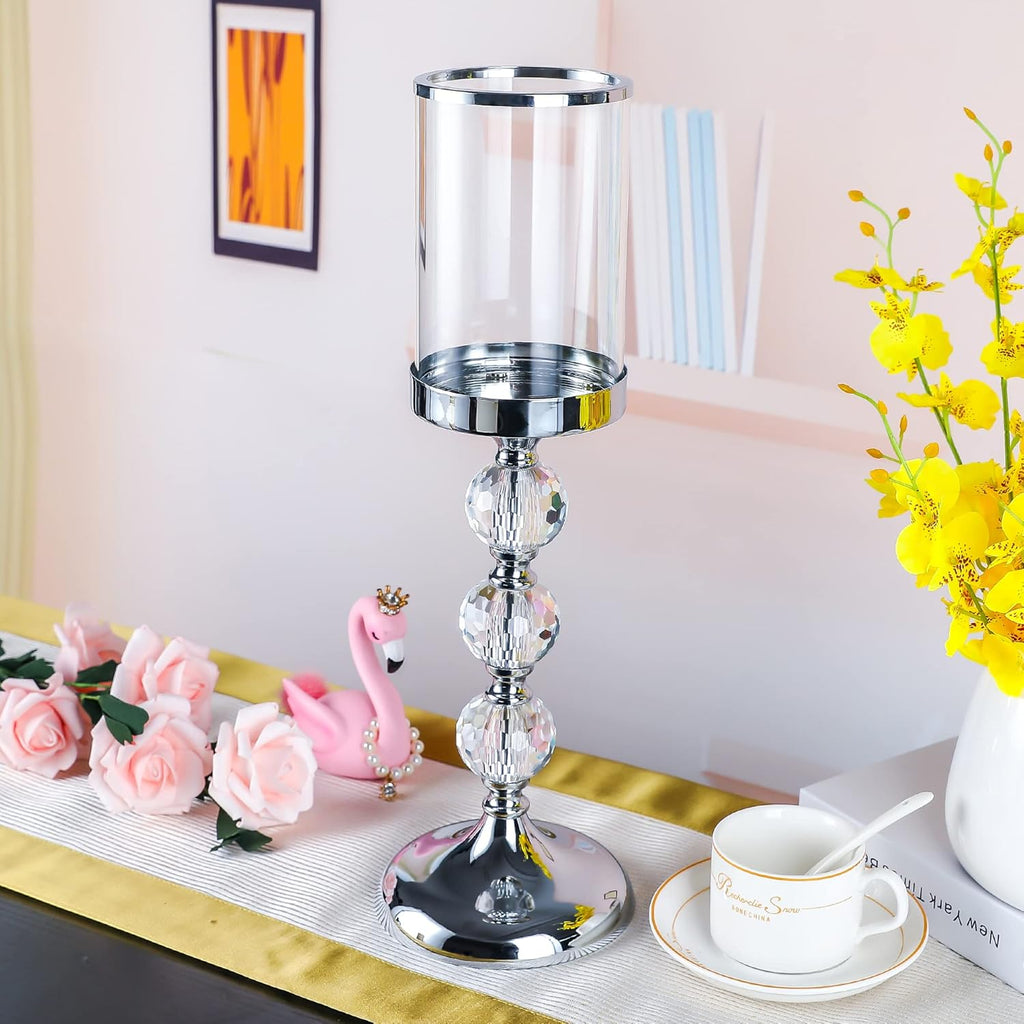 Pillar Candle Holder with Lid,Crystal Candle Holder for Pillar Candle, Candlesticks Holder with 3 Crystal Balls for Coffee Dining Table, Wedding, Christmas, Halloween, Home Decor CH065L
