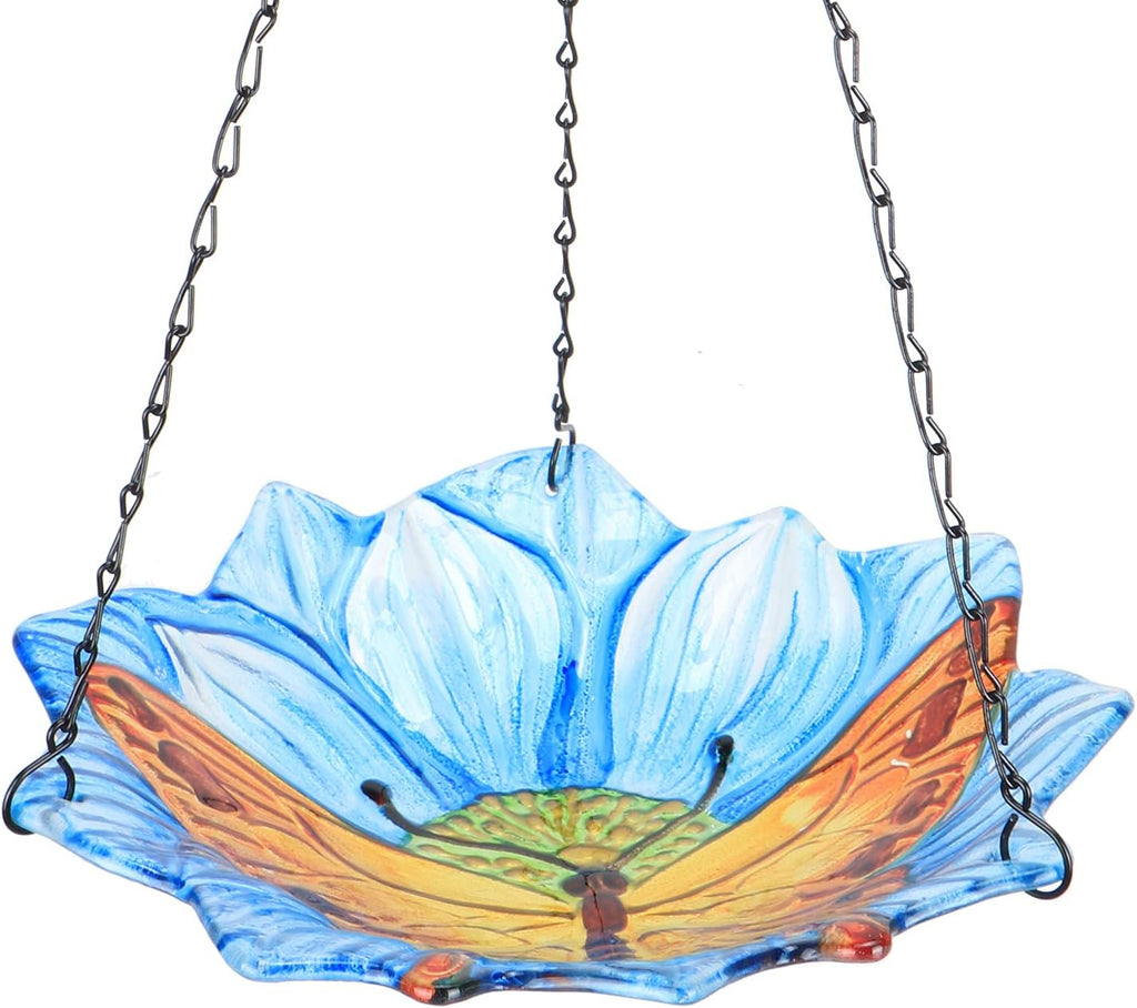 Hanging Outdoor Bird Bath - Glass Birdbath Butterfly Outdoor Bird Feeder for Garden Yard Decoration (Blue Flower Shape)