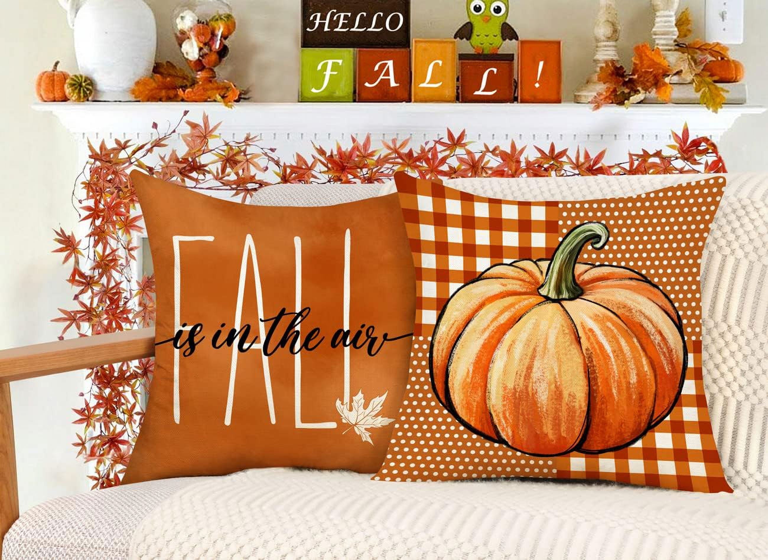 Fall Decor Pillow Covers 18X18 Set of 4 Thanksgiving Buffalo Check Farmhouse Decorations Dot Orange Pumpkin Maple Leaves Outdoor Decorative Throw Cushion Case for Home Couch