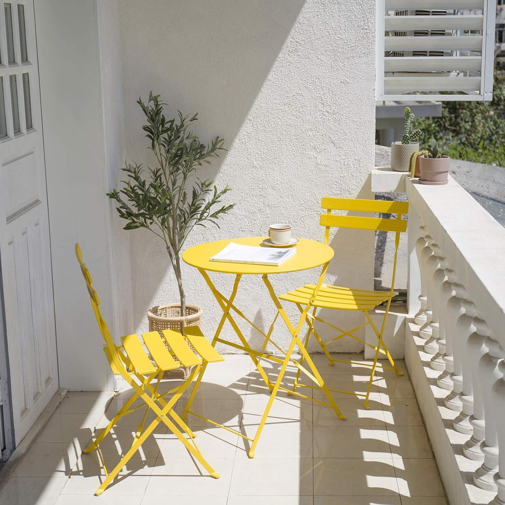 Patio Bistro Set, Outdoor Patio Furniture Sets, 3 Piece Patio Set of Foldable Bistro Chairs and Table, Yellow