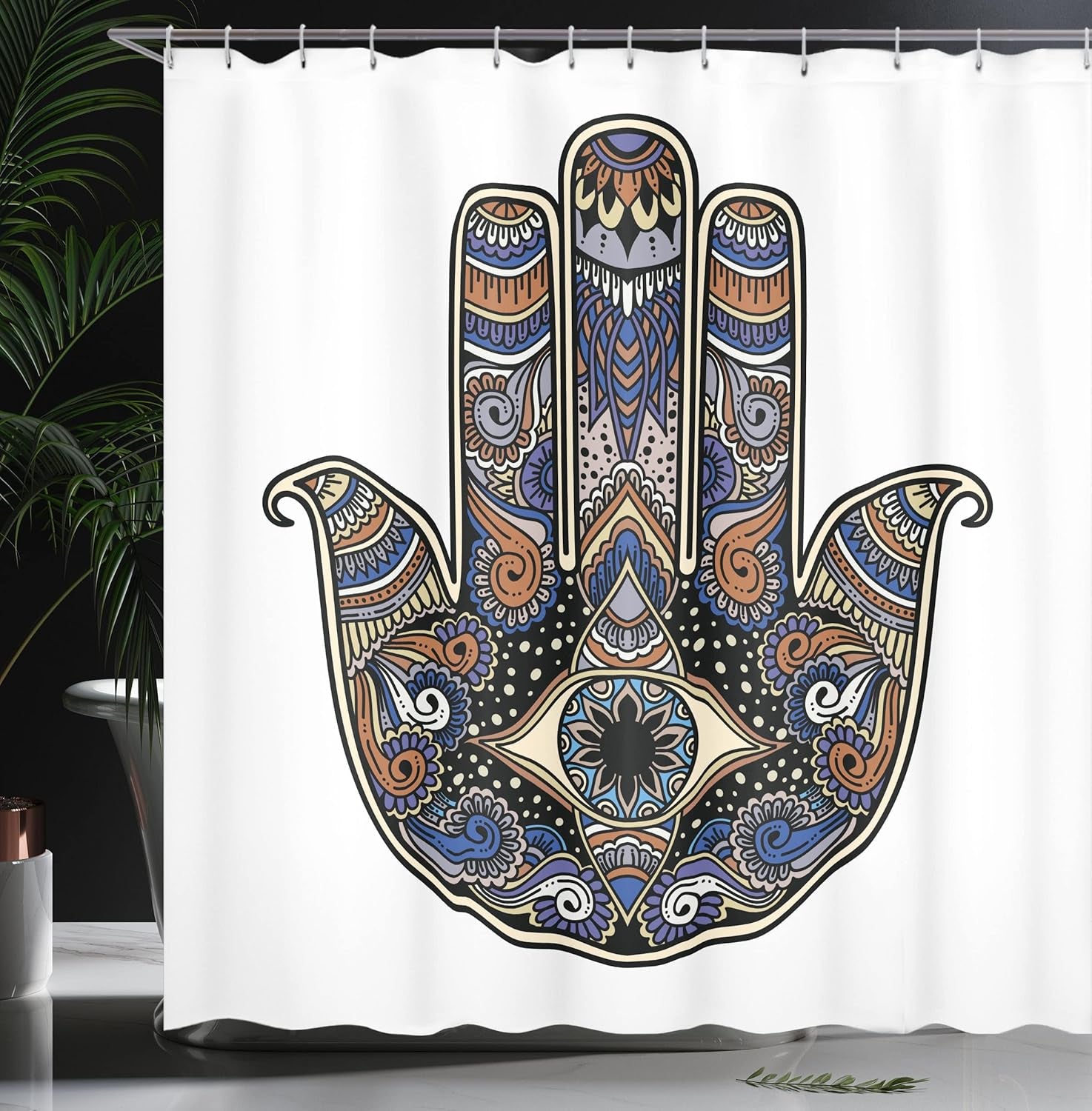 Hamsa Shower Curtain, Hand Drawn Boho Style Vintage Sign with All Seeing-Eye Doodle, Cloth Fabric Bathroom Decor Set With-Hooks, 69" W X 75" L, Blue Caramel