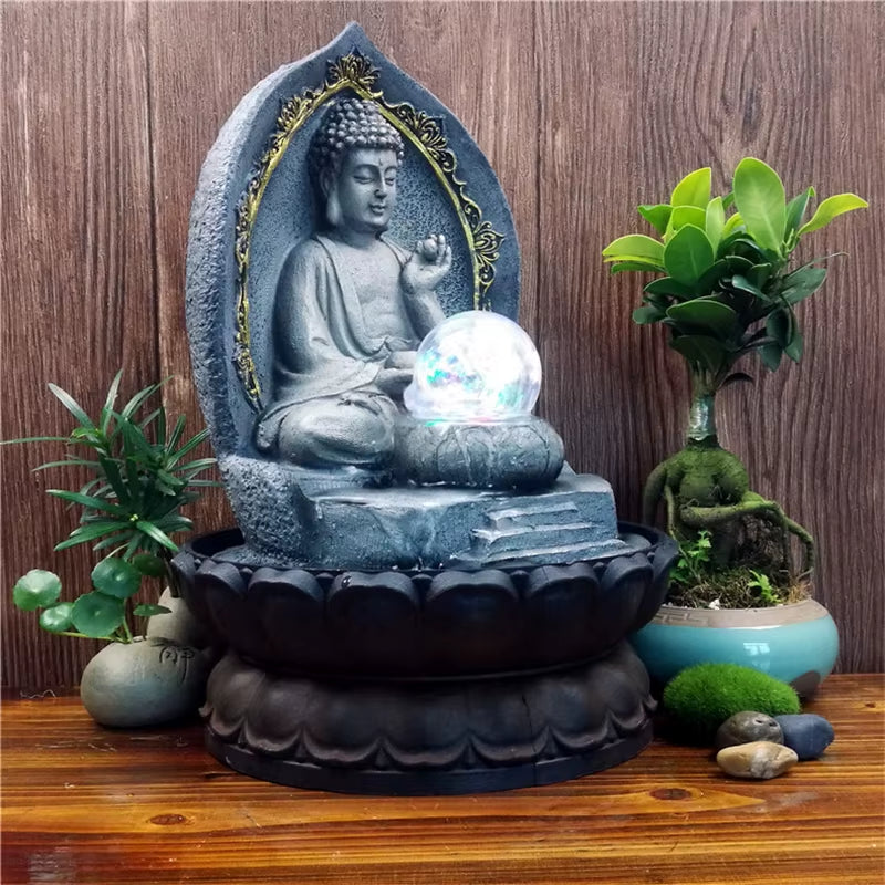 Resin Lotus Base Buddha Statue Waterscape Lucky Feng Shui Ornament Indoor Led Water Fountain Desktop Furnishings Air Humidifier