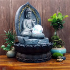 Resin Lotus Base Buddha Statue Waterscape Lucky Feng Shui Ornament Indoor Led Water Fountain Desktop Furnishings Air Humidifier