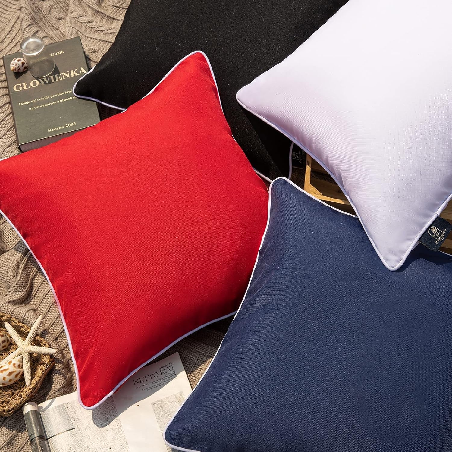 Pack of 2 Outdoor Waterproof Throw Pillow Covers with Contrast Piping, Decorative Square Cushion Case Patio Pillows for Couch Tent Sunbrella, Dark Blue 18X18 Inches