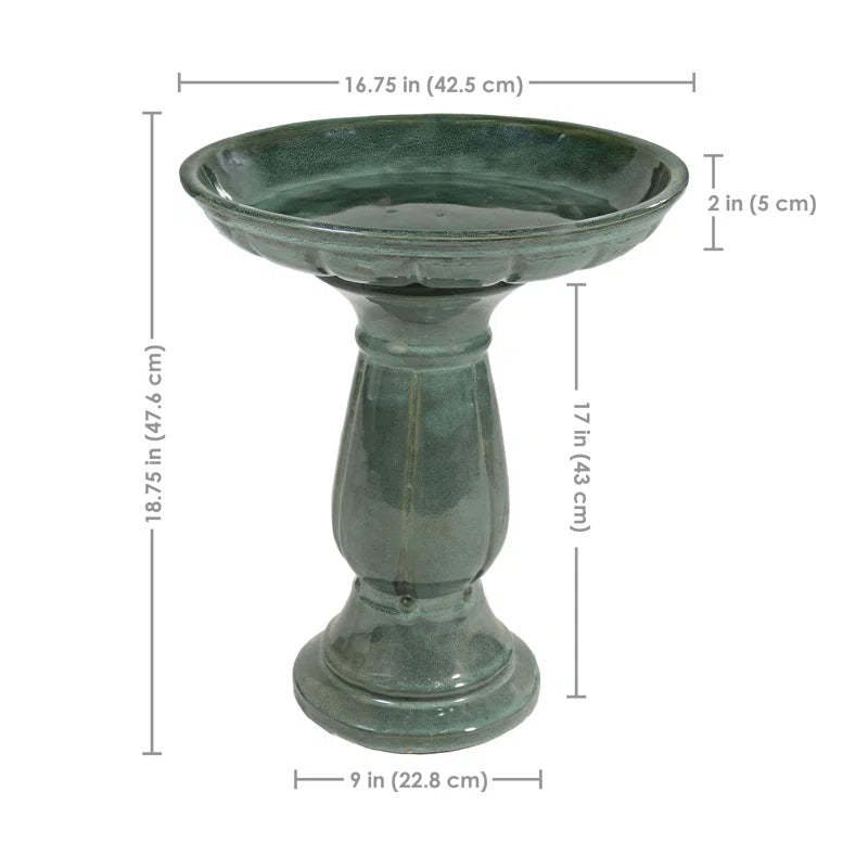 Aubriela Freestanding Ceramic Outdoor Bird Bath, Uv-Resistant Green Mist Finish