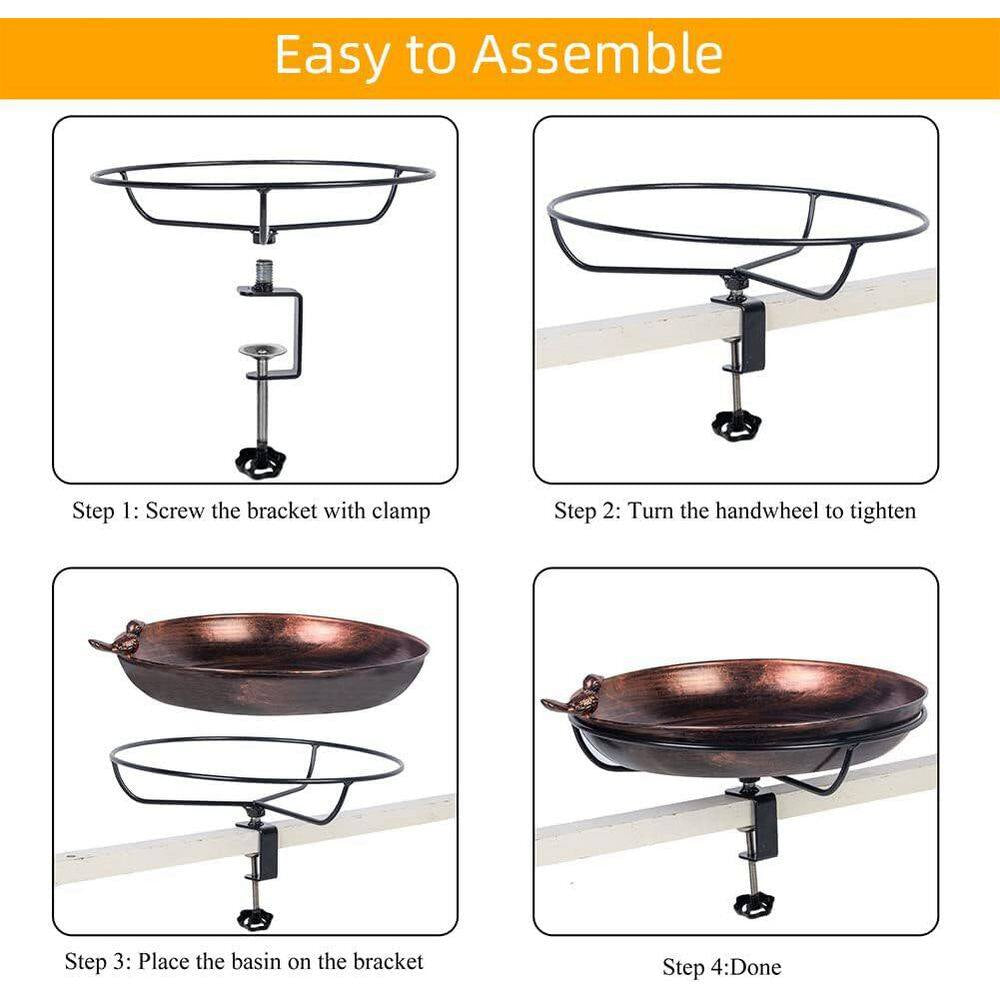 12 In. Metal Deck Mounted Bird Bath with Adjustable Sturdy Clamp for Outdoor Garden Balcony Patio Decoration
