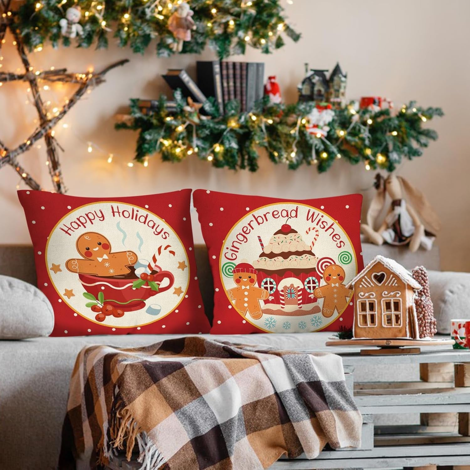 Merry Christmas Gingerbread Man House Decorative Throw Pillow Cover 18X18 Set of 4, Xmas Red Polka Dot Coffee Welcome Home Decorations, Winter Happy Cushion Case Decor for Sofa Couch