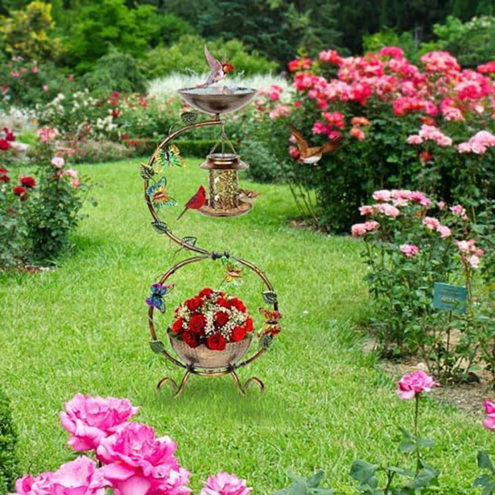 3-In-1 38 In. Vintage Metal Waterproof Bird Bath Black with Solar Bird Feeder and Planter Pedestal