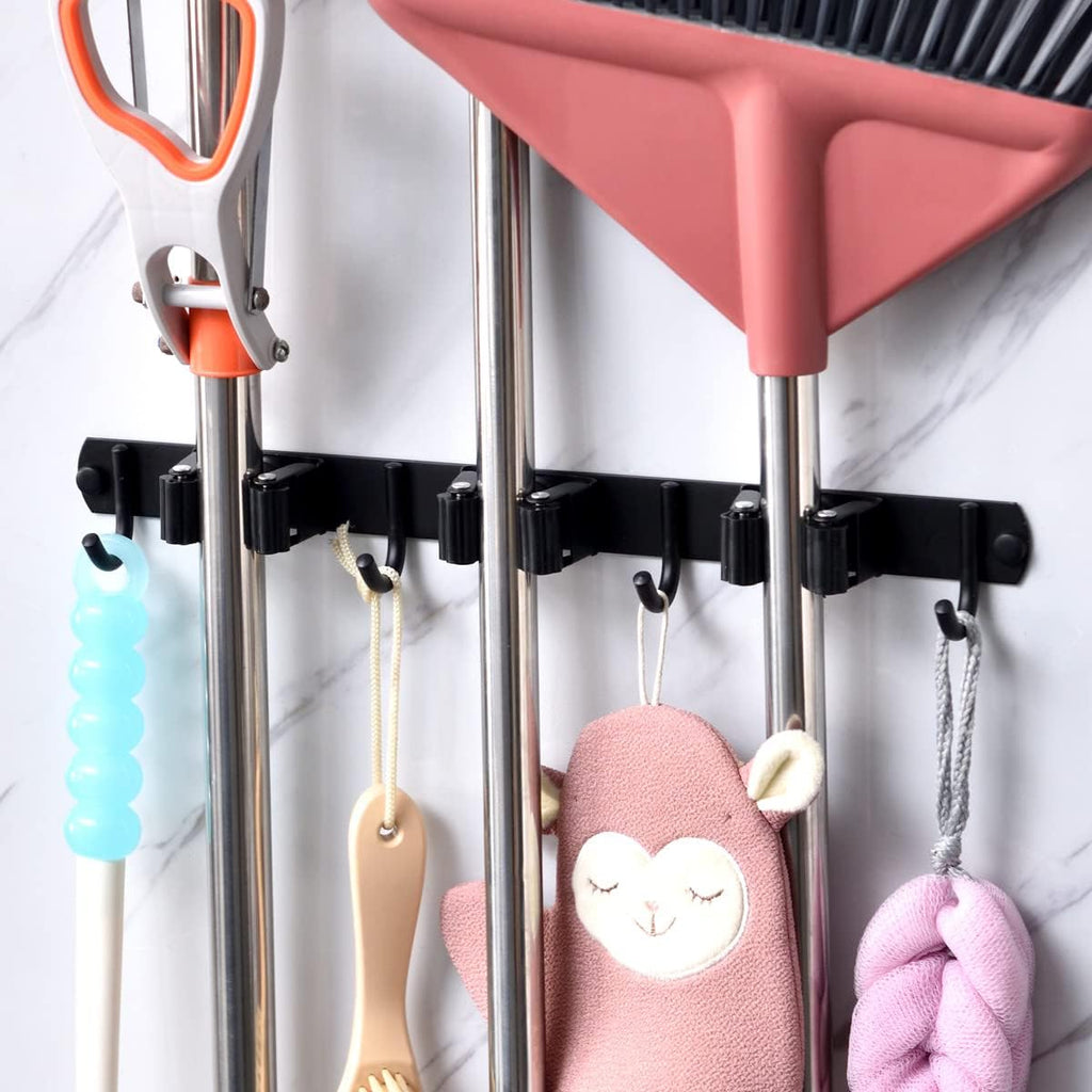 Mop and Broom Holder Wall Mount, Stainless Steel Heavy Duty Garden and Kitchen Garage Tool Organizer Wall Hanger for Home Goods (3 Racks 4 Hooks)