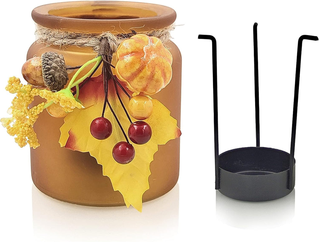 Fall Candle Holders Set of 6, Pumpkin Glass Votive Candle Holders, Amber Tea Lights Holders for Thanksgiving Table Decoration