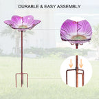 Glass Bird Bath, Outdoor Bird Feeders with Metal Stake, Pink Bird Bowls for Garden Yard Lawn