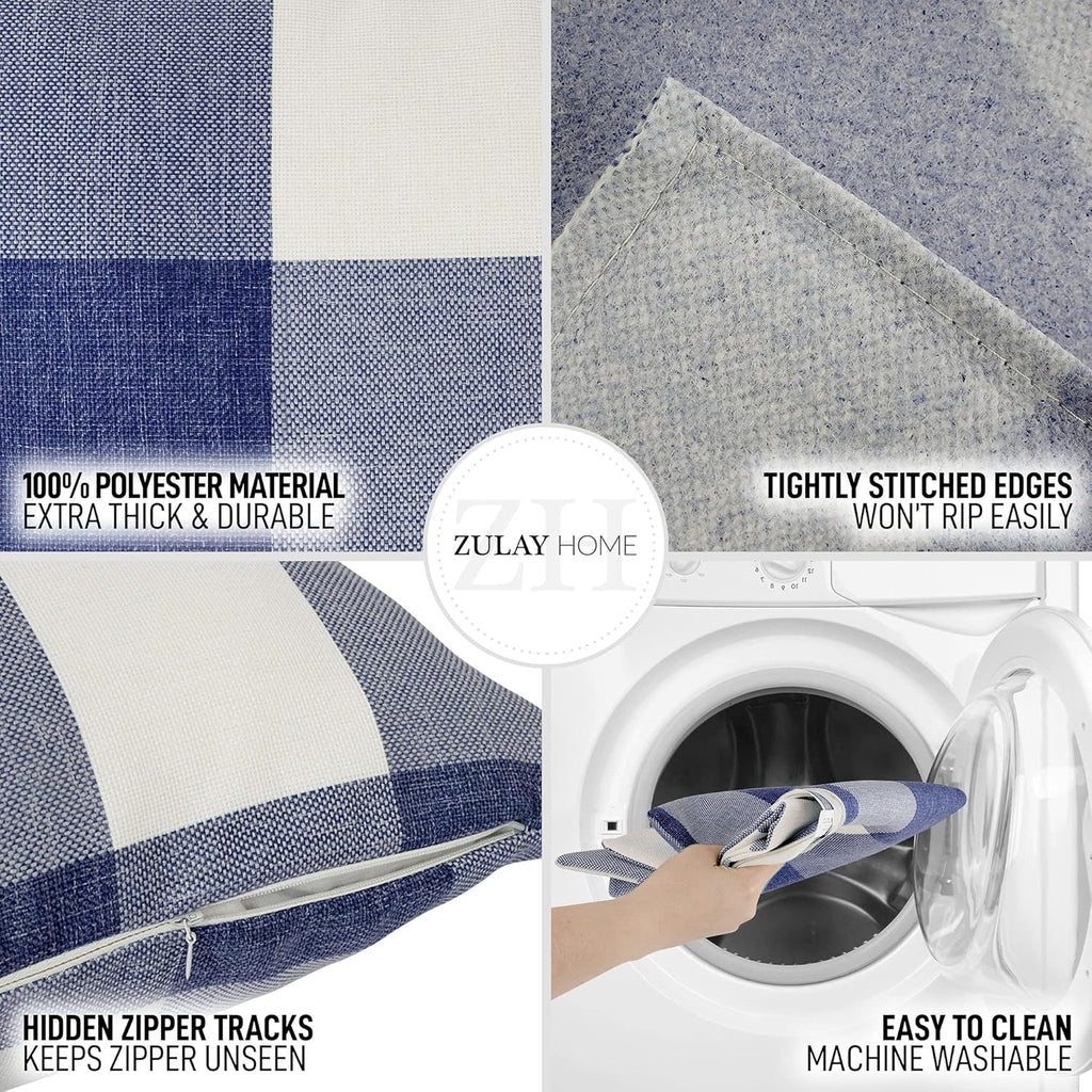 Pack of 2 Buffalo Plaid Throw Pillow Covers - Farmhouse Porch Pillows Outdoor & Indoor Covers - Polyester Buffalo Plaid Pillow Covers (16X16 Inch, Dark Blue & White)