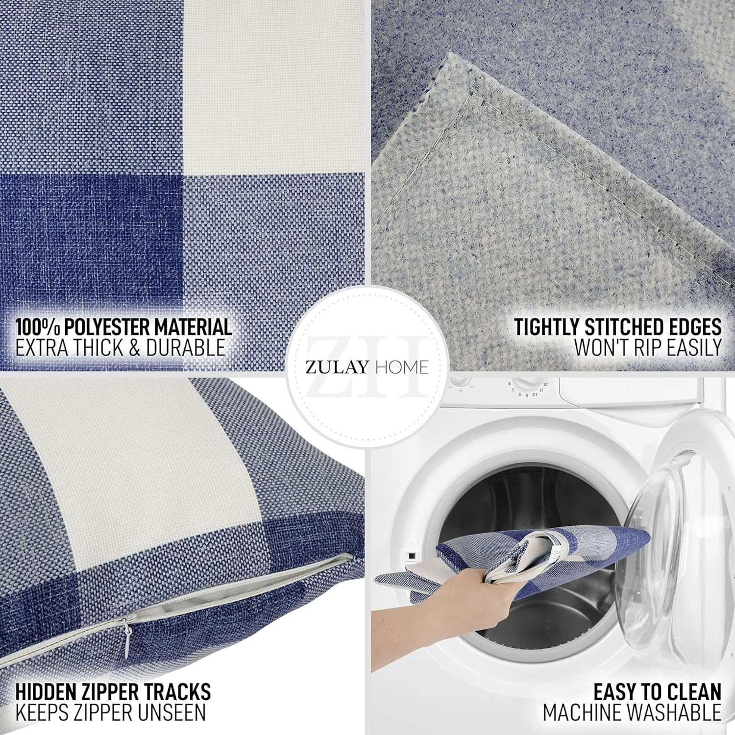 Pack of 2 Buffalo Plaid Throw Pillow Covers - Farmhouse Porch Pillows Outdoor & Indoor Covers - Polyester Buffalo Plaid Pillow Covers (16X16 Inch, Dark Blue & White)