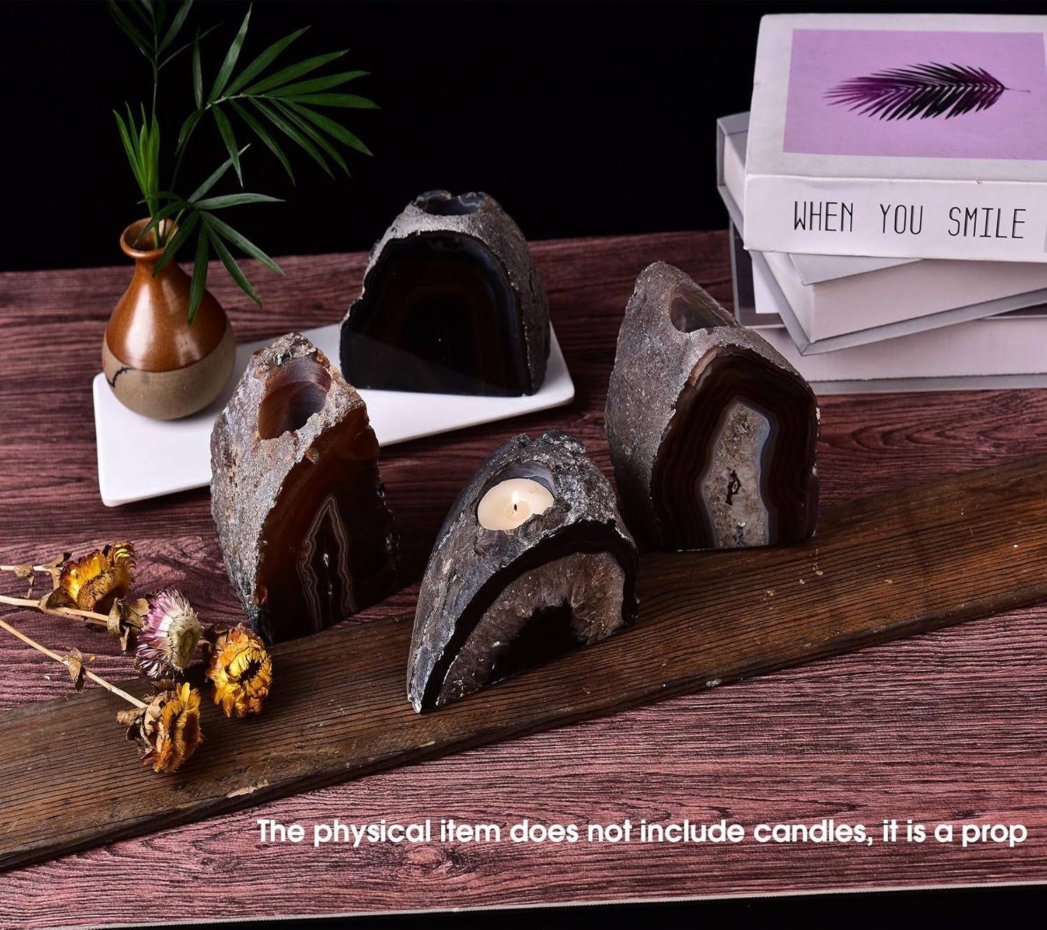 Agate Candle Holder Multi-Functional Décor 1-1.5Lb Pillar Candles & Makeup Brush Storage | Irregular Half-Cut Design | Meditation Desk Accent | Spiritual Starter Gift