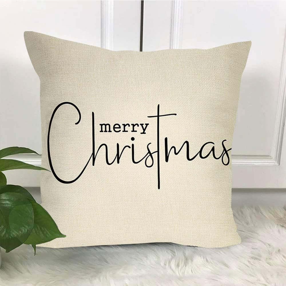 Merry Christmas Throw Pillow Cover, 18" X 18" Inch Decorative Xmas Sign Rustic Cushion Case, Farmhouse Home Winter Decoration Holiday Square Pillowcase Decor for Sofa Couch Cotton Linen