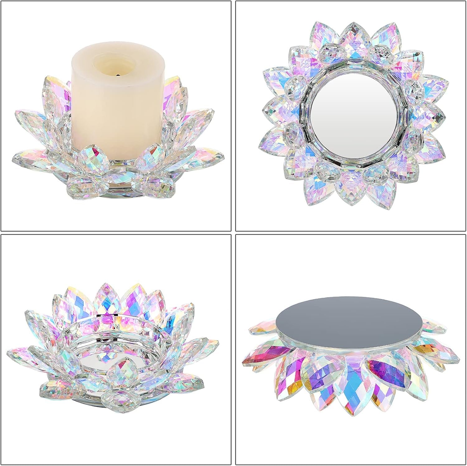 Crystal Lotus Flower Candle Holder for Pillar Candle up to 3", Decorative Glass Lotus Petal Votive Candle Holder Tea Light Holder Candle Stand Candle Lamps for Home Decor Wedding Party, AB Color