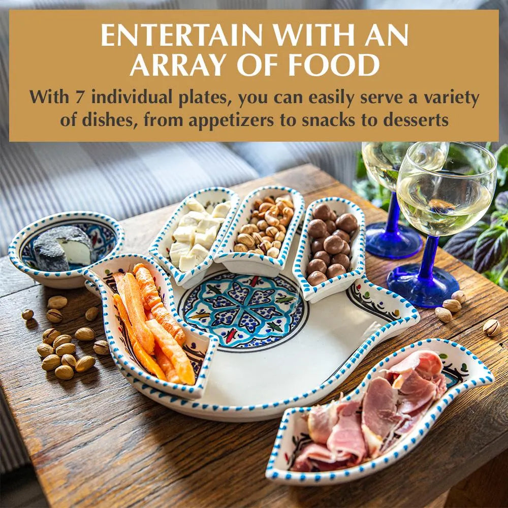 Ceramic Serving and Dipping Set - Handmade Boho Turquoise Hamsa