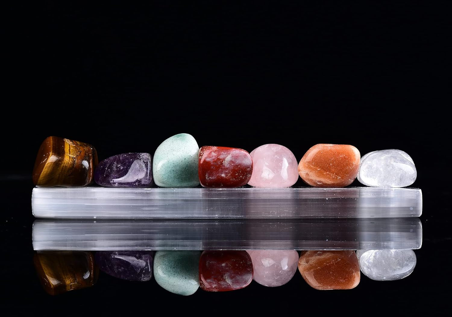 6" Selenite Ruler 7 Chakra Engraved Selenite Charging Slab Chakra Stones Set