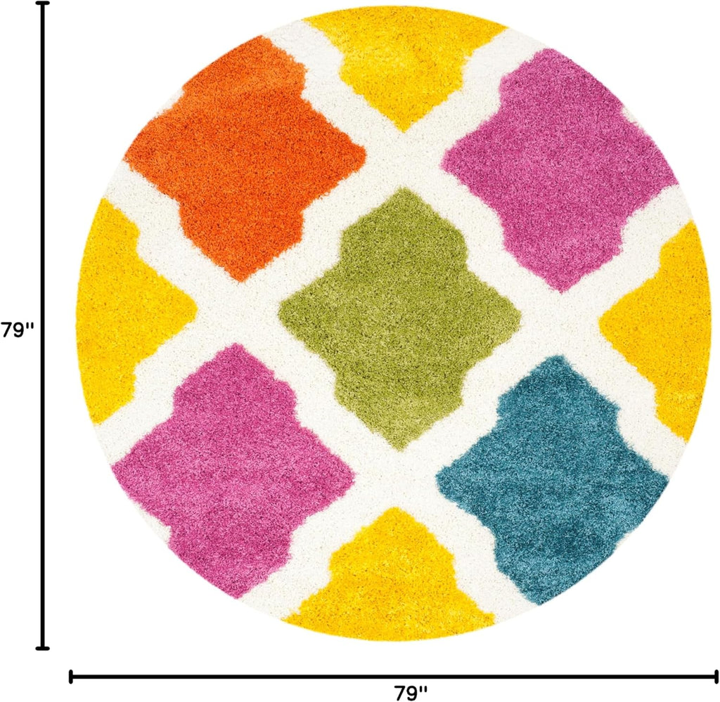 Kids Shag Collection Area Rug - 6'7" Round, Ivory & Multi, Rainbow Trellis Design, Non-Shedding & Easy Care, 2-Inch Thick Ideal for High Traffic Areas in Living Room, Bedroom (SGK562A)