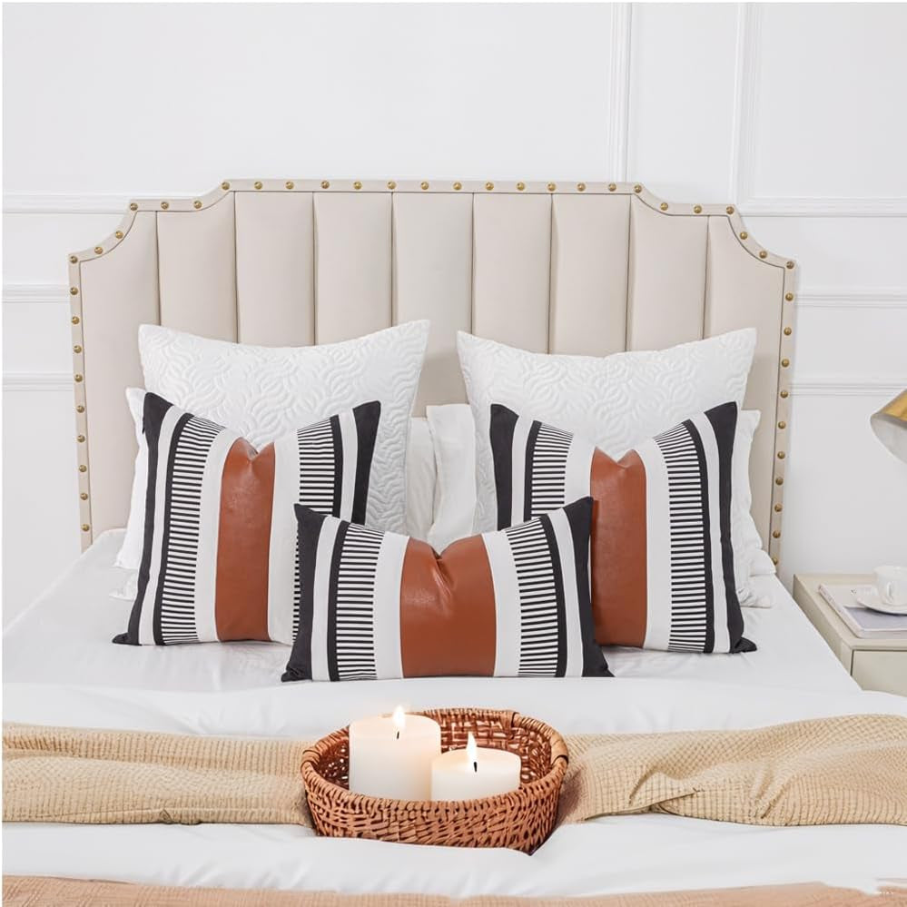 Farmhouse Throw Pillow Covers -Decorative Faux Leather Pillow Cases for Couch Sofa Livingroom Tribal Stripe Accent Cushion Cover 18X18 Inch (2, 18''X18'')