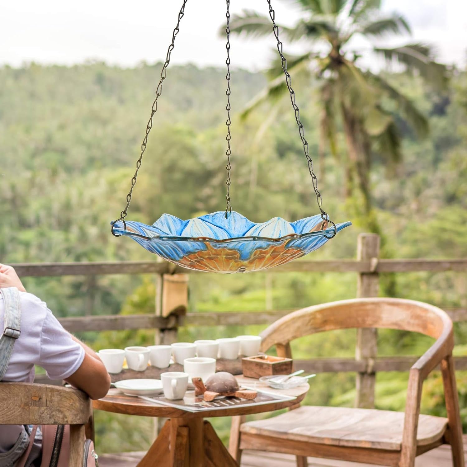 Hanging Outdoor Bird Bath - Glass Birdbath Butterfly Outdoor Bird Feeder for Garden Yard Decoration (Blue Flower Shape)