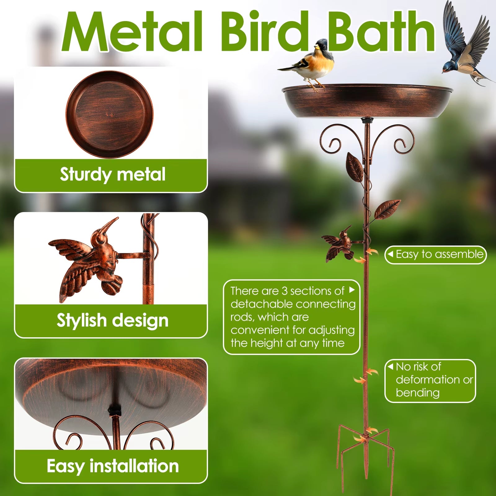 Garden Birdbath 32 Inches Sturdy Iron Outdoor Bird Bath for outside Vintage Standing Birdbath Bowl for Outdoor Garden Patio Yard