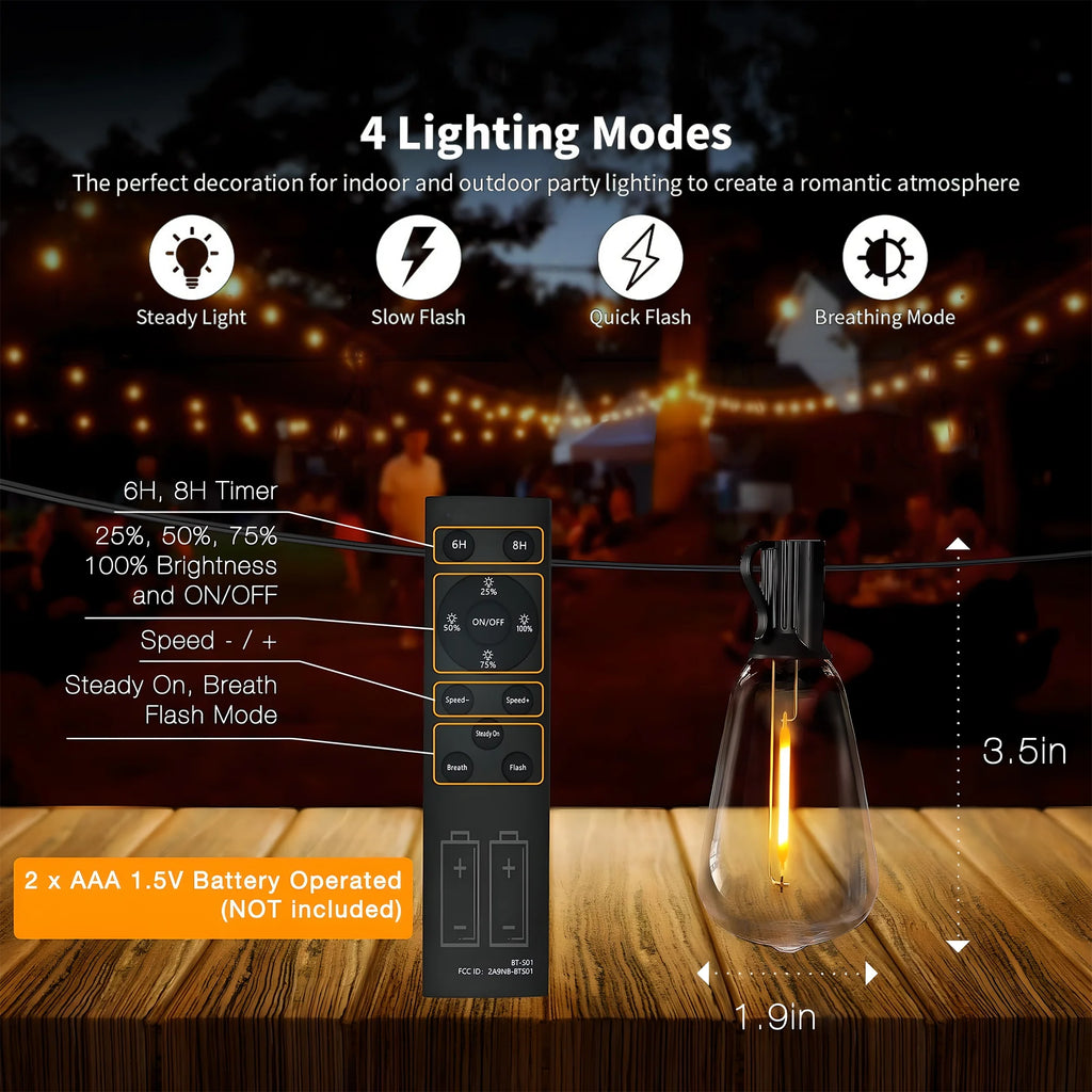 ST38 Outdoor String Lights, 48Ft Connectable Pitao Lights with 2700K Waterproof Bulbs, Dimmable Hanging Lights for Porch Yard Canopy