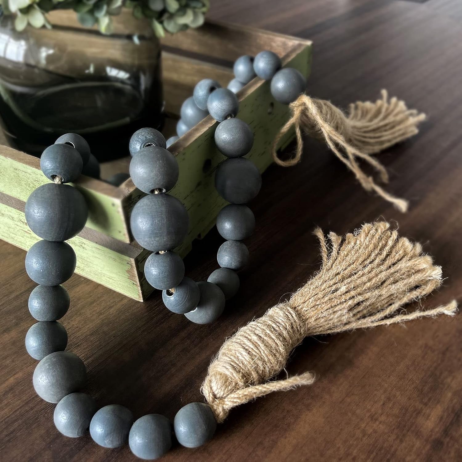 49.6In Wooden Beads Garland Decor Farmhouse Decor with Tassels，Boho Coffee Table Decor Natural Wood for Rustic Home Decor Wall Hanging Decor，Tiered Tray Decor(Gray)
