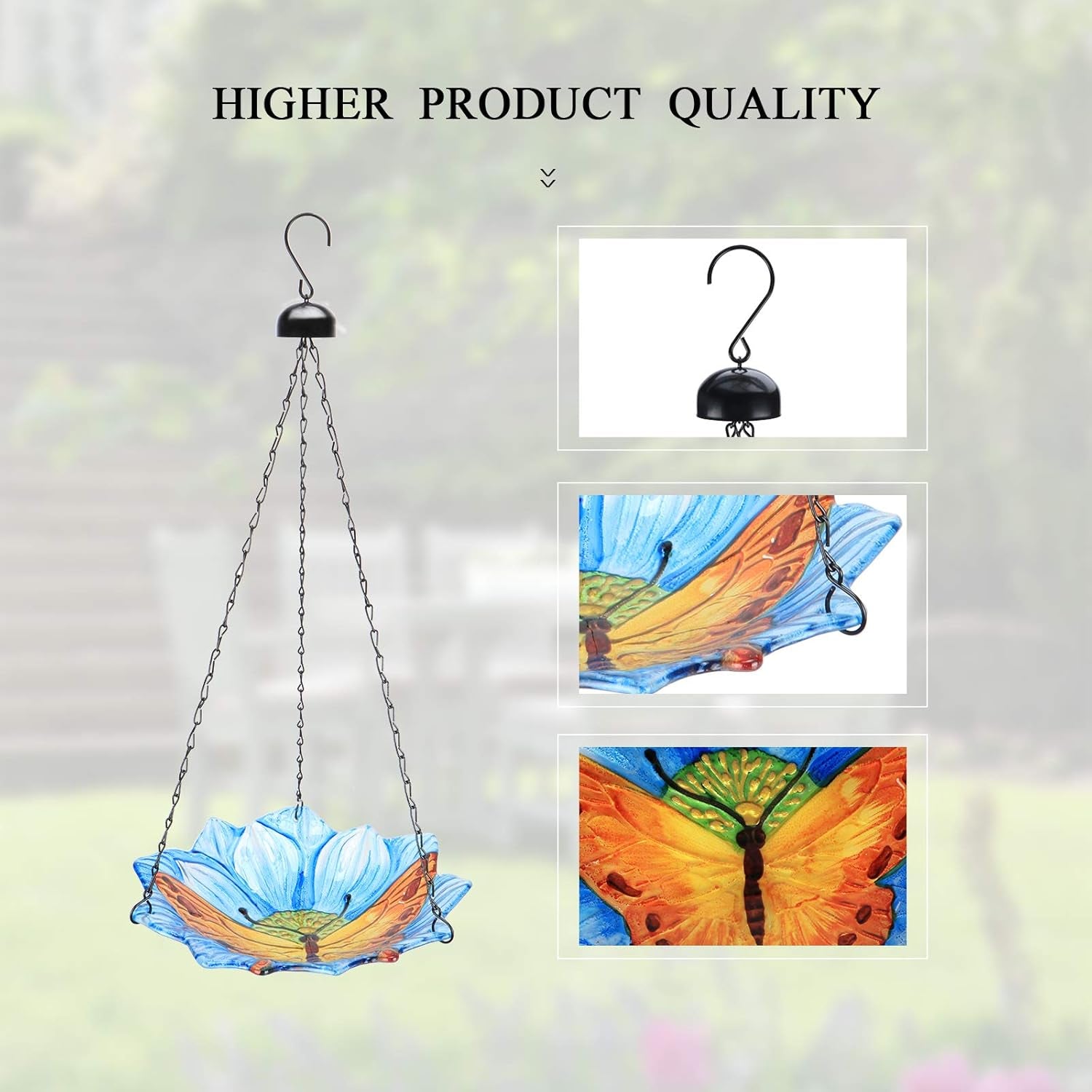 Hanging Outdoor Bird Bath - Glass Birdbath Butterfly Outdoor Bird Feeder for Garden Yard Decoration (Blue Flower Shape)