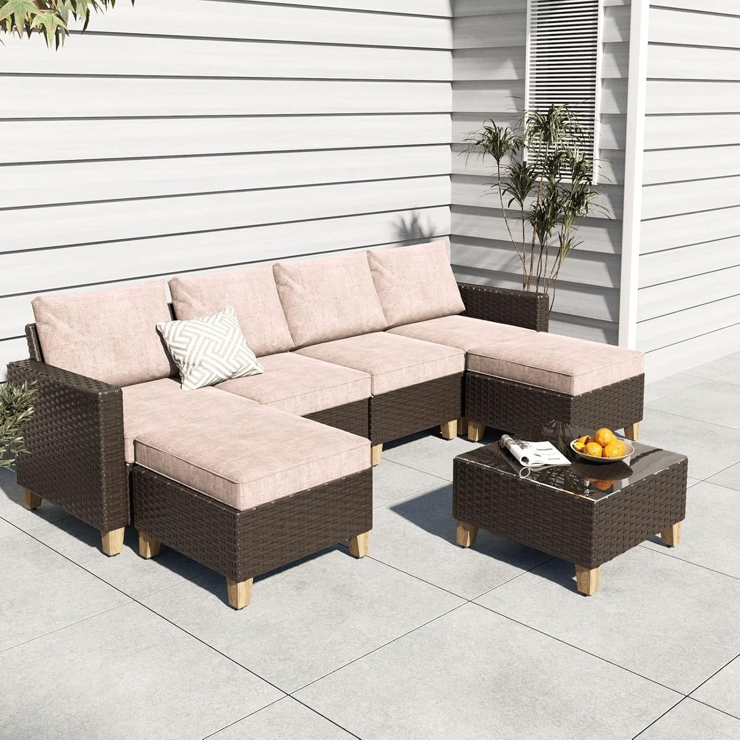 Sofa Sets Outdoor Furniture Sets, Wicker Patio Furniture 7-Piece Sectional Sofa with Thick Olefin Cushions for Yard Garden Porch for Six (Beige Sofa Set for Six, 7 PCS)
