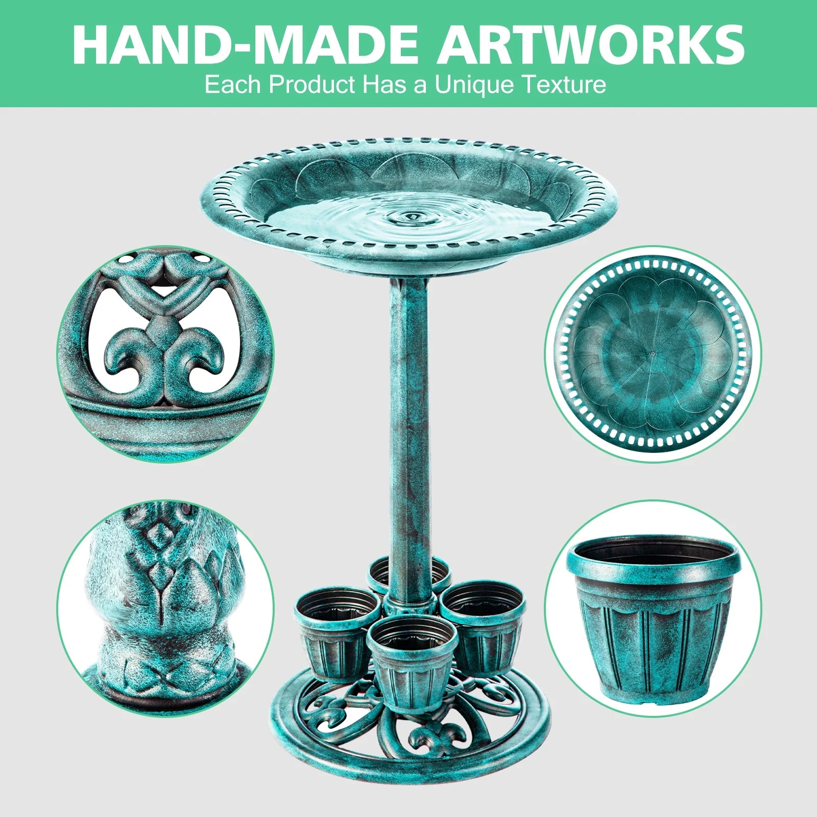 Bird Bath with 4 Planters 28" Height Pedestal Antique Outdoor Garden Decor Vintage Yard Art (Green)