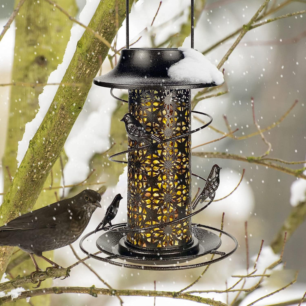 Solar Bird Feeder Heavy Duty Wild Bird Feeder Waterproof Tube Bird Feeder Solar Powered Garden Lantern Bird House Feeder with Light for outside Hanging Garden Decoration - Bronze