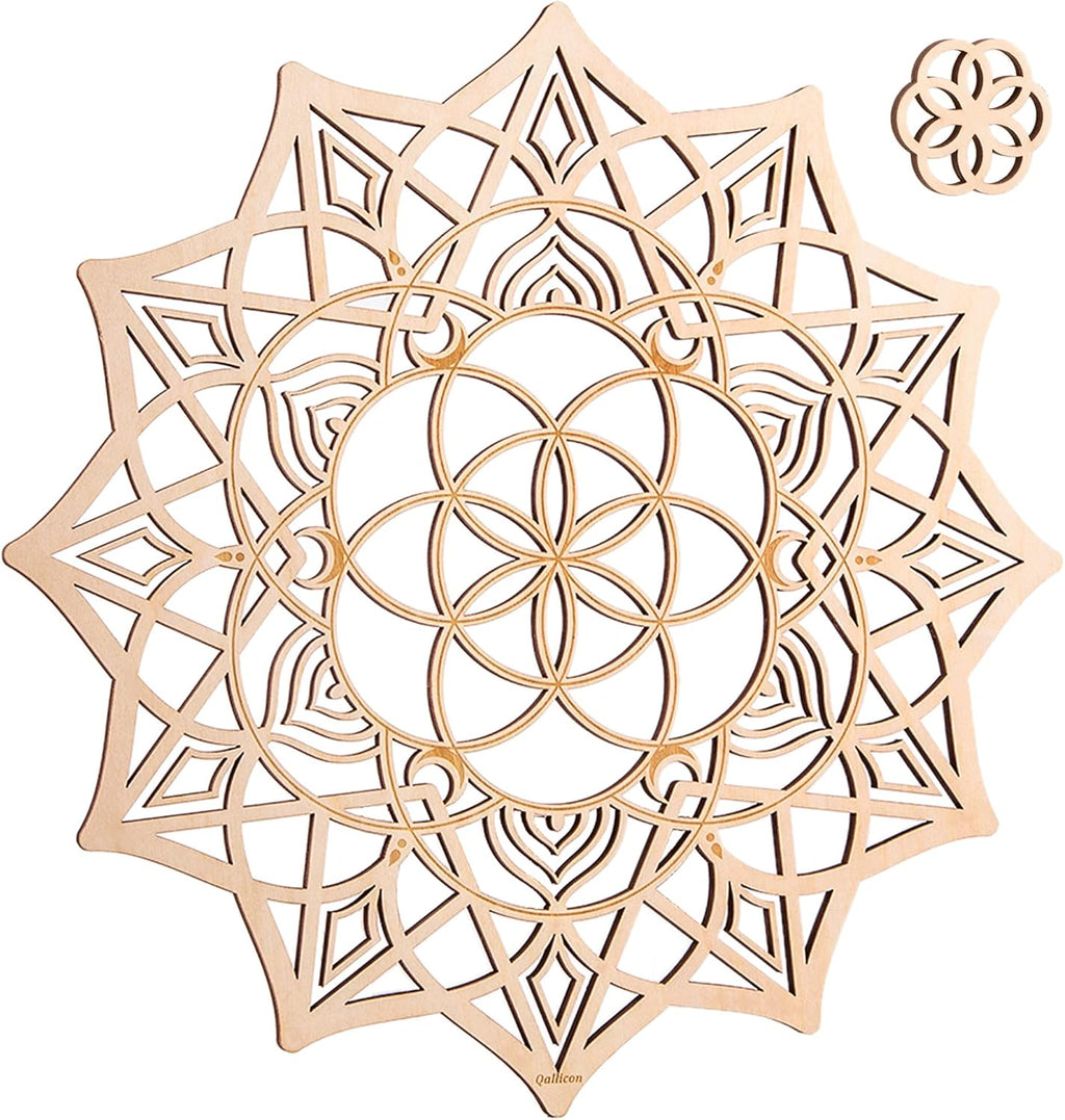 11.5" Sacred Geometry Wall Art, Wooden Mandala Wall Decor, Meditation Chakra Wood Wall Sculpture Art Symbol Spiritual Decor Yoga Gifts Crystal Grid Board (Mandala)