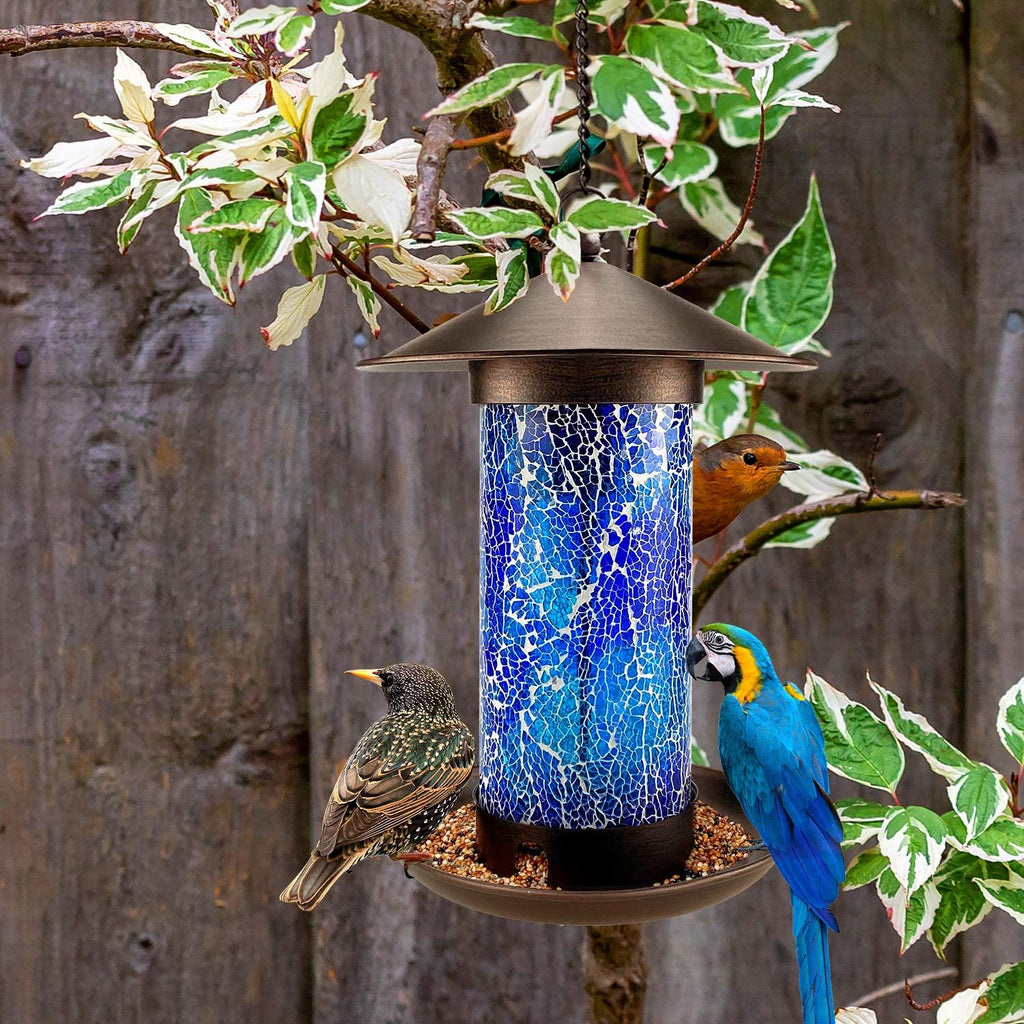 Solar Bird Feeders for Outdoors Hanging Unique Retro Hanging Bird Feeder as Garden Yard Decoration, Waterproof Bird Feeder for outside Wild Birds (Blue)