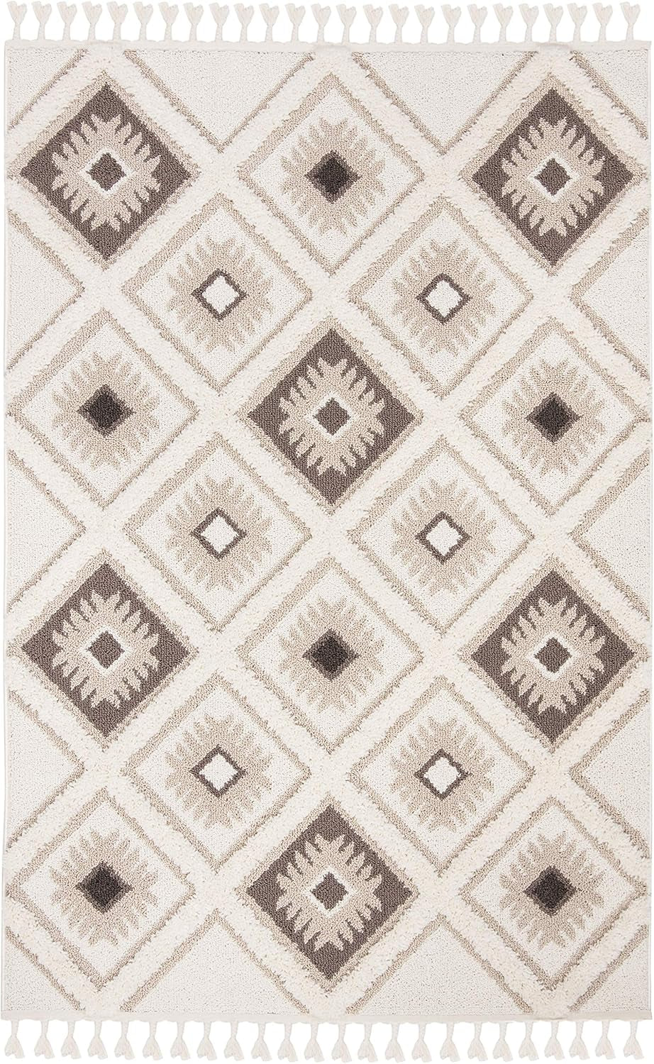 Moroccan Tassel Shag Collection Accent Rug - 3' X 5', Ivory & Brown, Boho Design, Non-Shedding & Easy Care, 2-Inch Thick Ideal for High Traffic Areas in Foyer, Living Room, Bedroom (MTS601A)