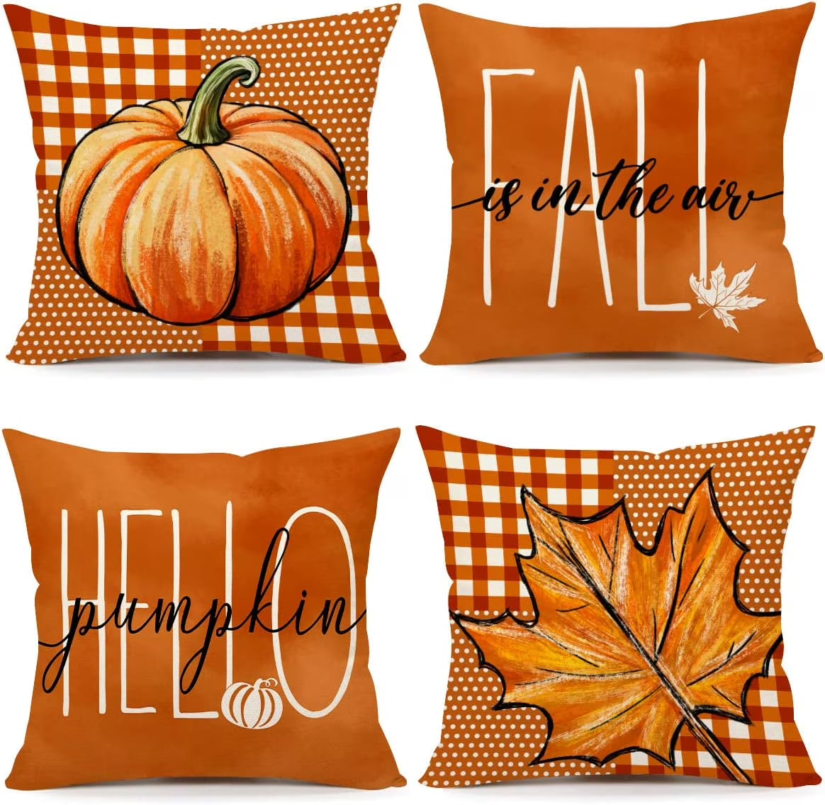 Fall Decor Pillow Covers 18X18 Set of 4 Thanksgiving Buffalo Check Farmhouse Decorations Dot Orange Pumpkin Maple Leaves Outdoor Decorative Throw Cushion Case for Home Couch
