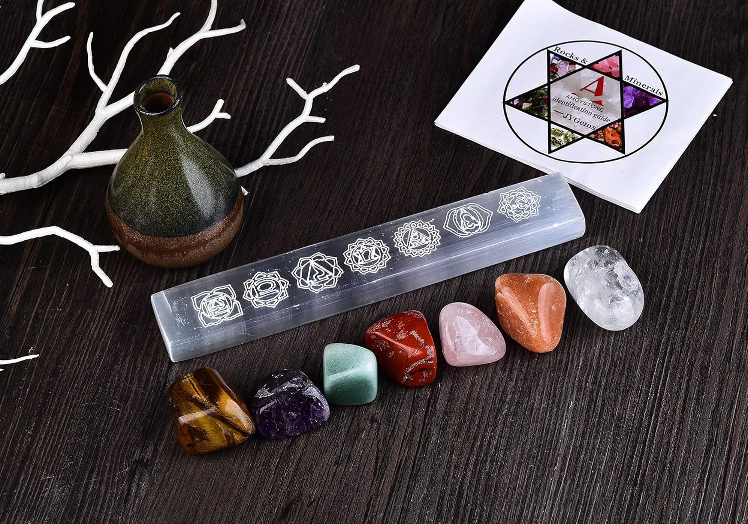 6" Selenite Ruler 7 Chakra Engraved Selenite Charging Slab Chakra Stones Set