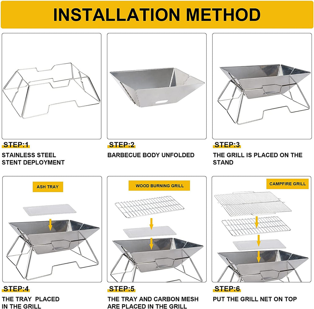 Folding Campfire Grill, Camping Fire Pit, Outdoor Wood Stove Burner, Folding Compact 304 Premium Stainless Steel, Portable Camping Grill with Carrying Bag for outside Picnic Home BBQ