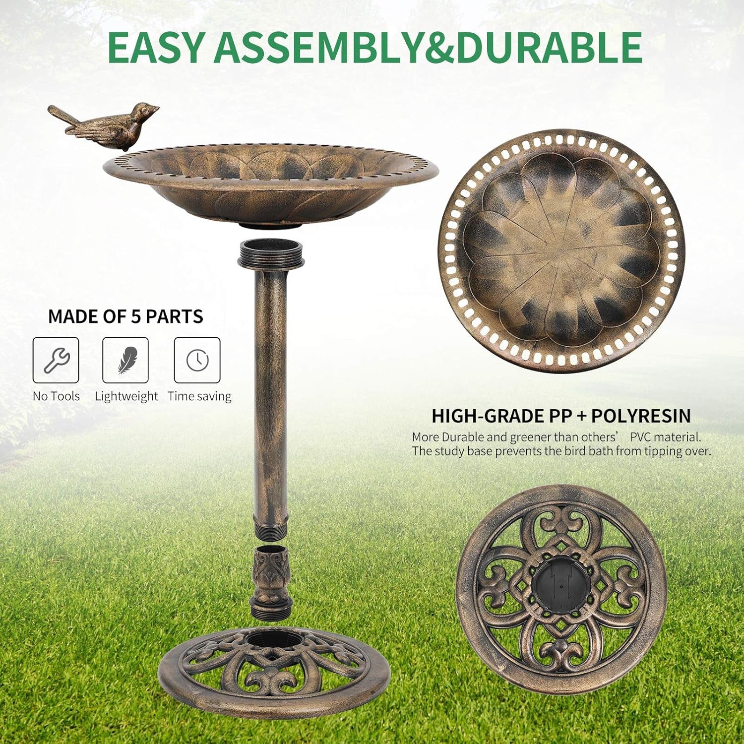 28 Inch Bird Bath for Outdoor with Bird Decoration Lightweight Garden Antique Birdbath Vintage Yard Statue Backyard Bird Bath