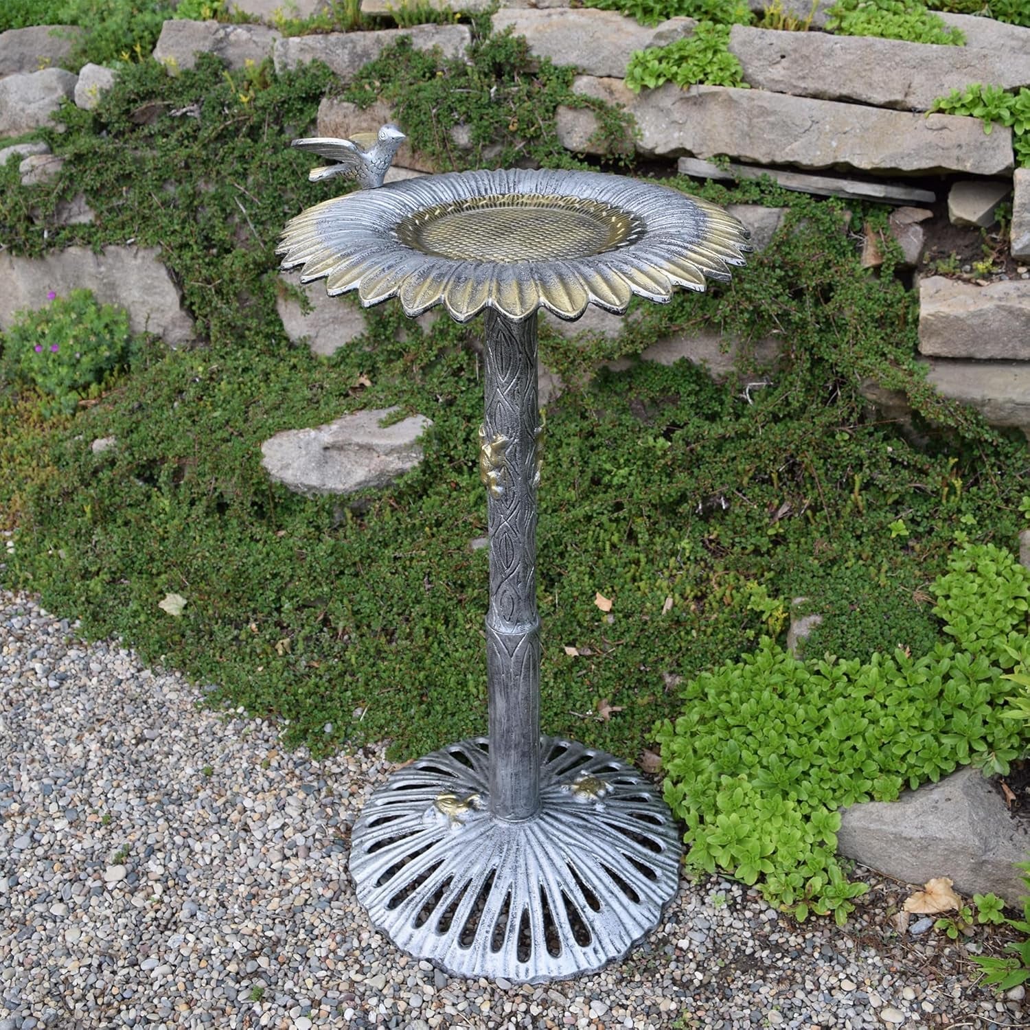 5065AP Antique Pewter Sunflower Design Aluminum Birdbath, Silver