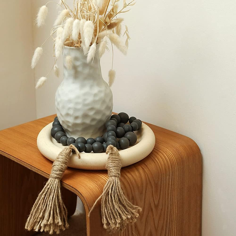 49.6In Wooden Beads Garland Decor Farmhouse Decor with Tassels，Boho Coffee Table Decor Natural Wood for Rustic Home Decor Wall Hanging Decor，Tiered Tray Decor(Gray)