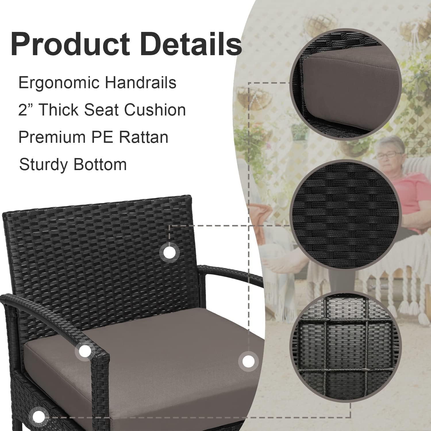 3 PCS Patio Rattan Conversation Chairs Set, Outdoor Patio Furniture Balcony Furniture Set, Wicker Patio Bistro Set for Garden Porch Balcony Yard, Brown