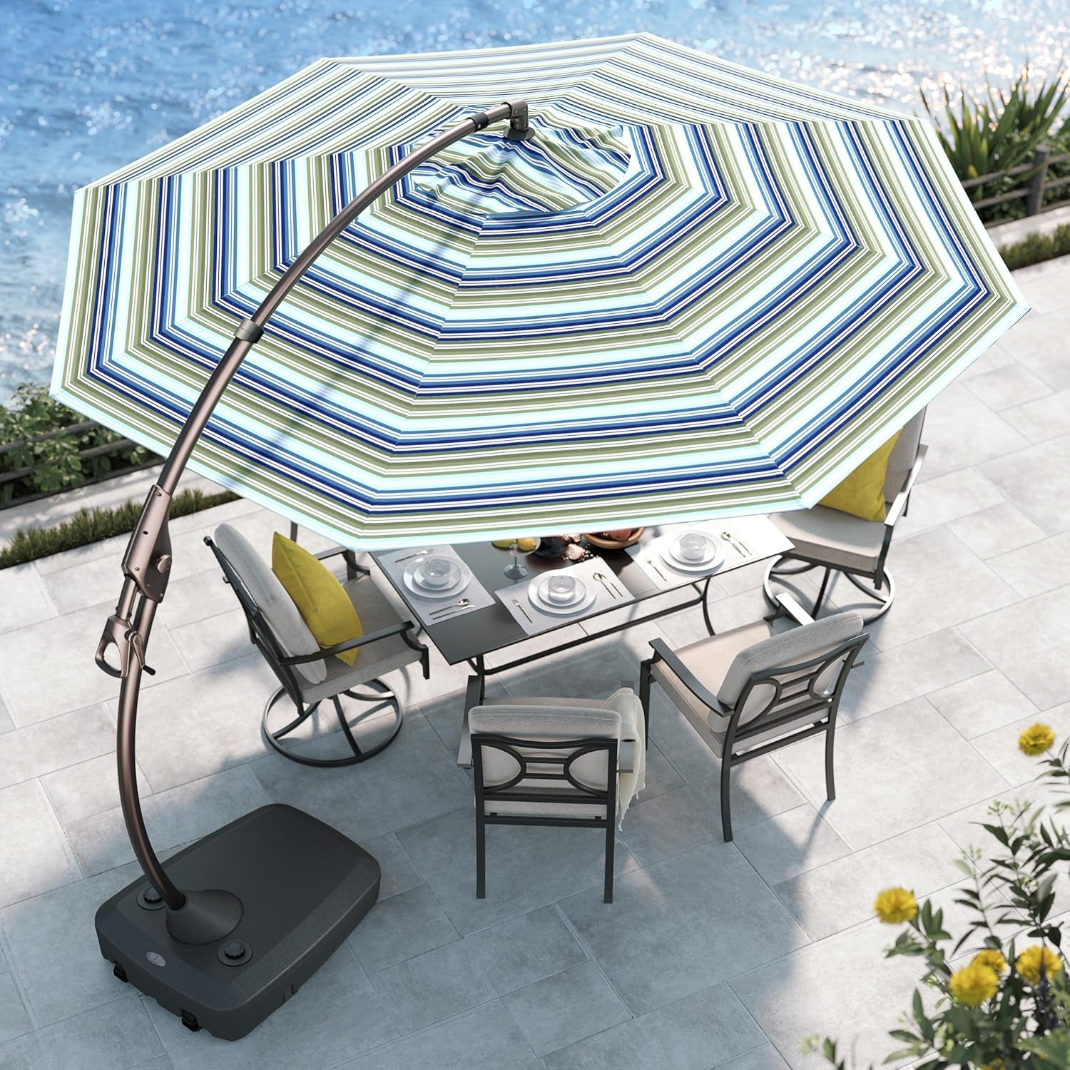 11 FT Cantilever Umbrella with Base Outdoor Large round Aluminum Offset Umbrella for Pool Garden Backyard (Stripes, 11 FT)