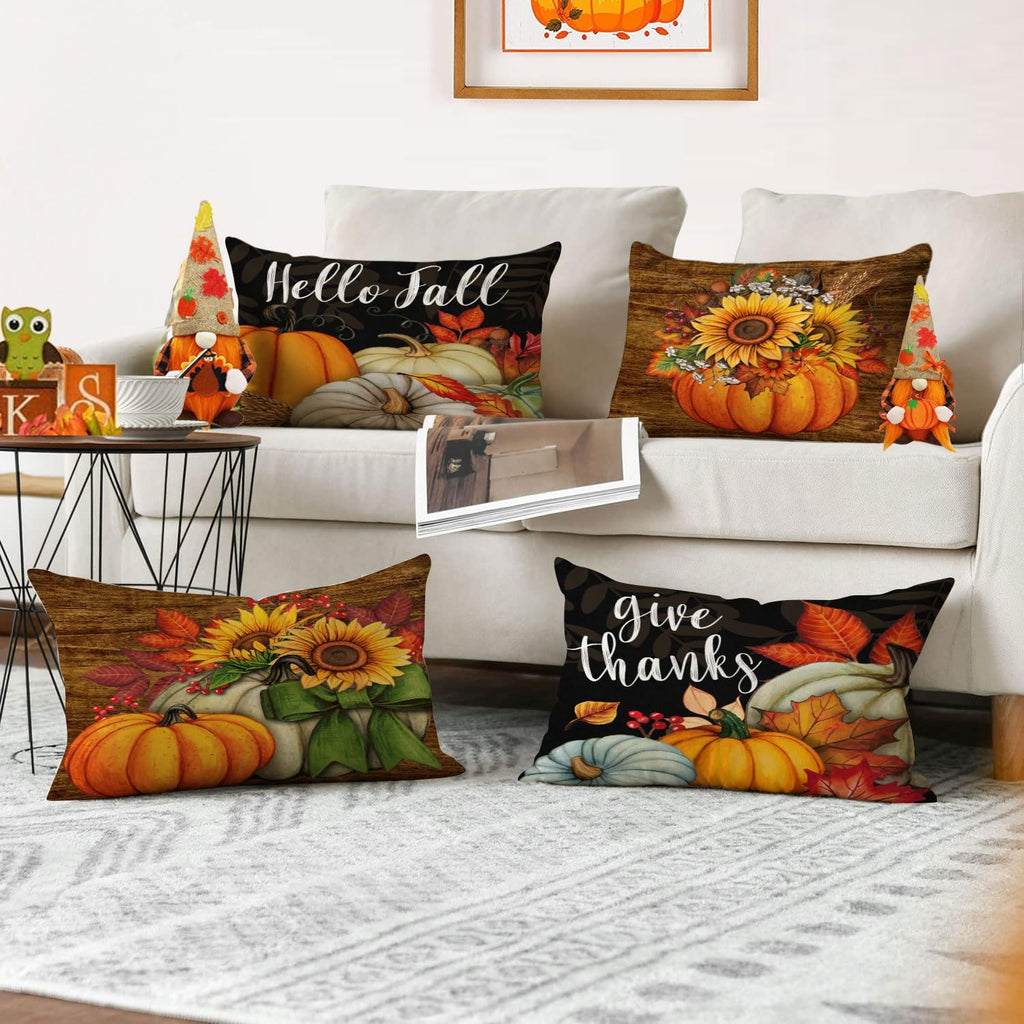 Set of 4 Fall Pillow Covers 12X20 Inch Thanksgiving Pumpkins Throw Pillows Autumn Harvest Sunflower Decorative Cushion Covers Outdoor Sofa Couch Lumbar Pillow Cases Fall Decorations (12 by 20)