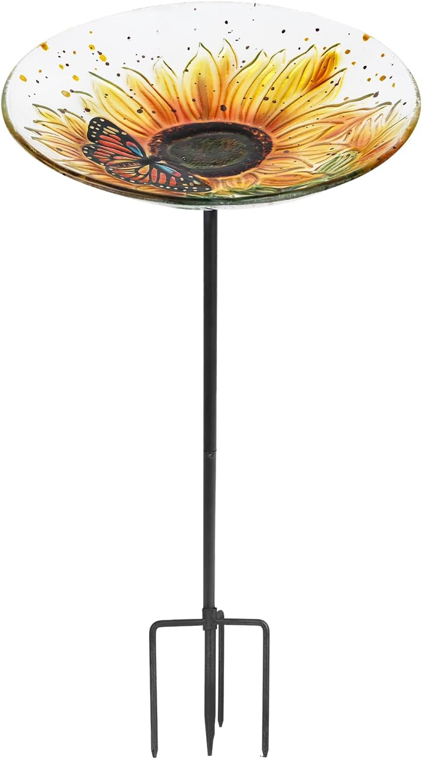 Bird Baths for Outdoors, Glass Birdbath Birdfeeder Bowl with Metal Stake for outside Garden Yard Lawn Sunflower Butterfly Decor