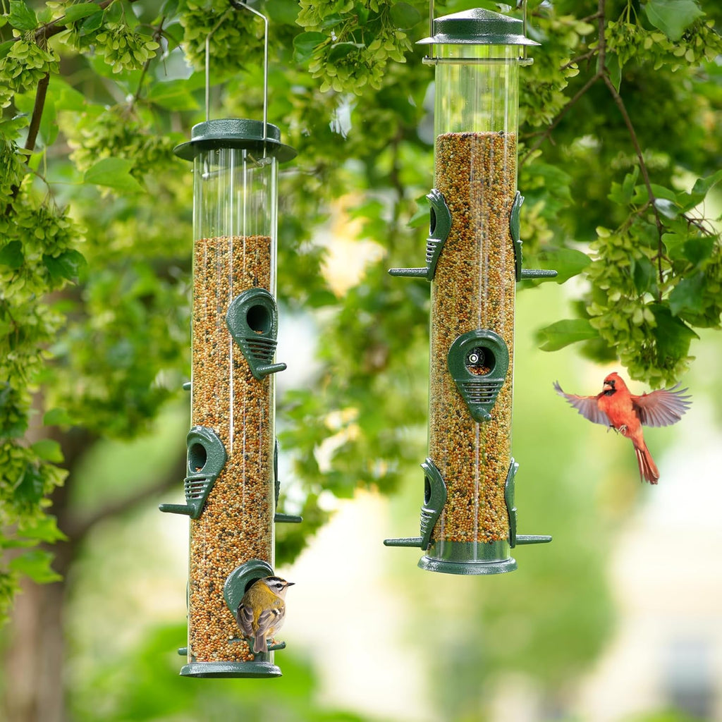 1PK Metal Bird Feeders with 6 Feeding Ports,Tube Bird Feeder with Steel Hanger,Hard Plastic Wild Bird Feeder for Outdoors Hanging, Attracting Birds in Your Lawn, Garden, Balcony–Green