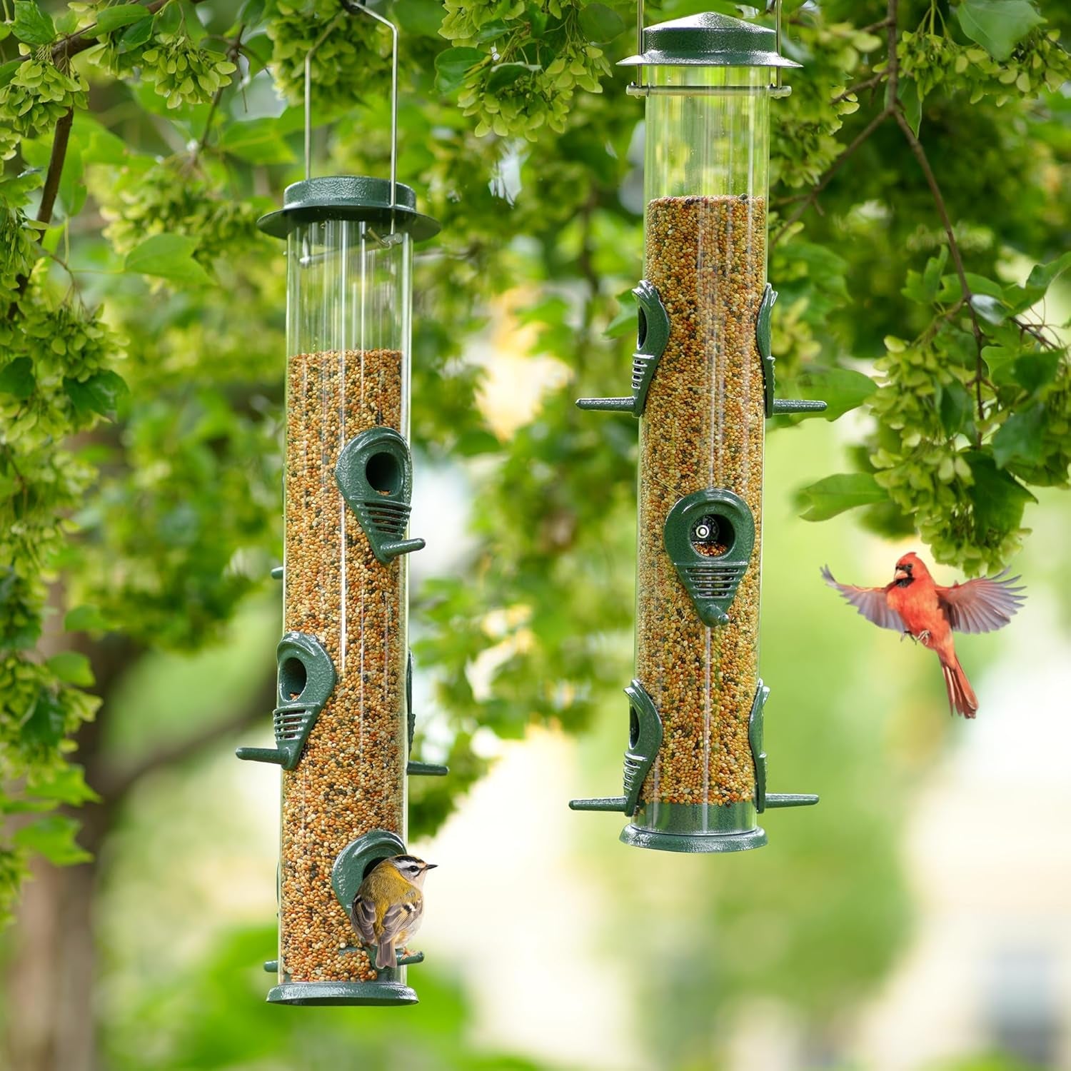 1PK Metal Bird Feeders with 6 Feeding Ports,Tube Bird Feeder with Steel Hanger,Hard Plastic Wild Bird Feeder for Outdoors Hanging, Attracting Birds in Your Lawn, Garden, Balcony–Green
